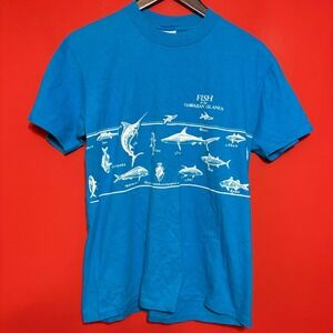 Vintage Stedman T Shirt Fish of the Hawaiian Islands Bert's Surf Shop Blue L‎
